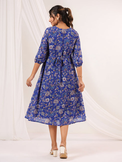 Janasya Women's Blue Georgette Floral Printed A line Dress